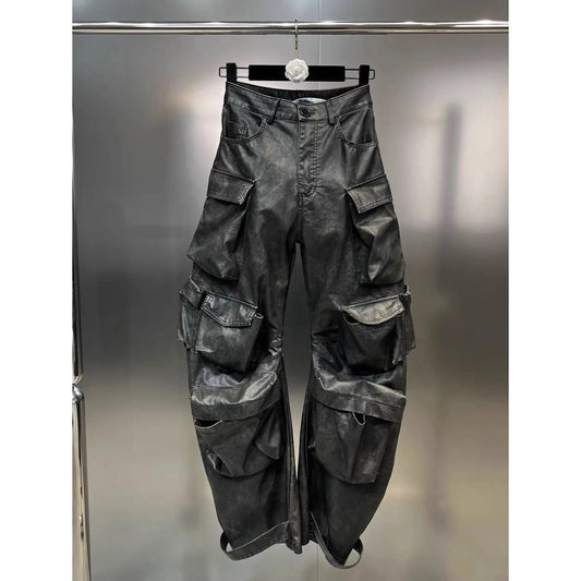 OUDINA Wholesale Clothing Fast Shipping Ladies PU Wide Leg Pant Leather Cargo Pants For Women