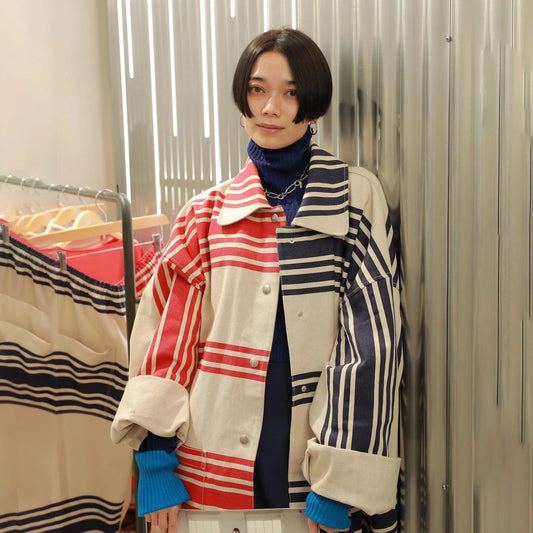 OUDINA Wholesale Contrast Color Outerwear Woman Striped Cardigan Jacket Loose Long Sleeve Women's Winter Jackets