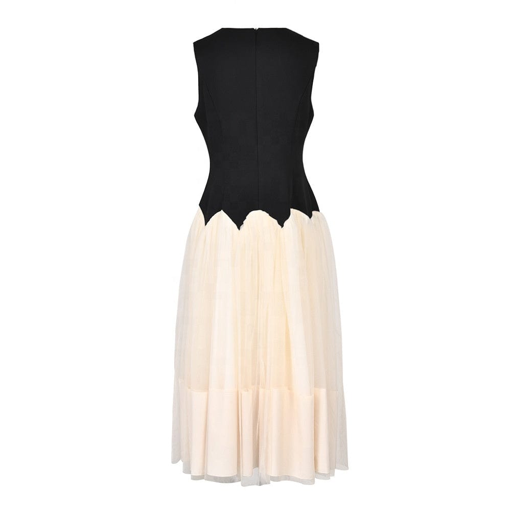 OUDINA Wholesale French Sleeveless Color Contrast Mesh Tutu Pleated Women Lady Dress Elegant Ladies Casual Dresses