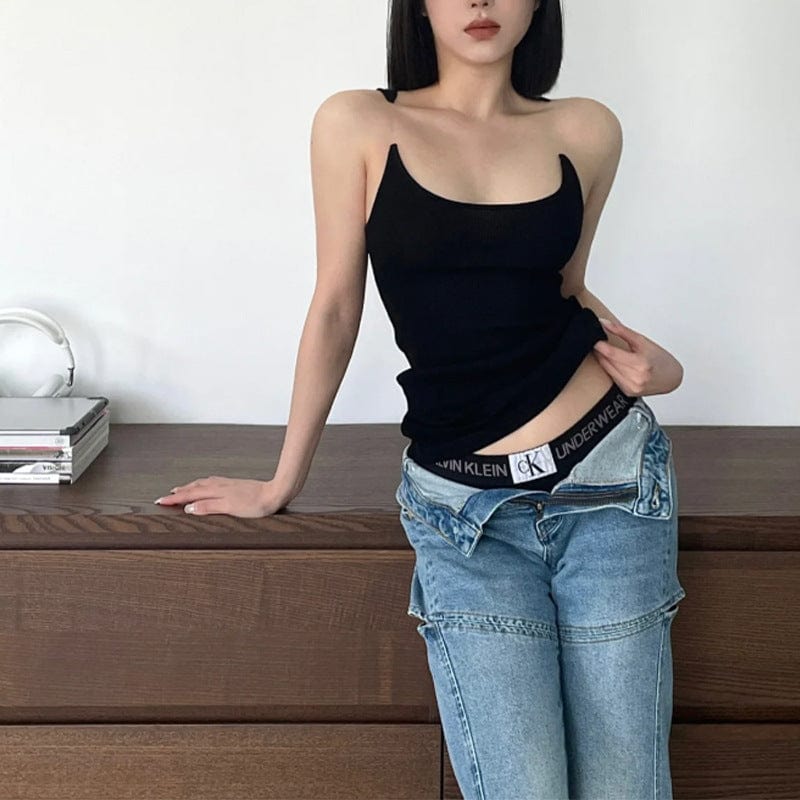 OUDINA Wholesale High Quality Invisible Suspenders Shoulder Strap U-neck Vest Ribbed Top Shirt Women's Tank Tops