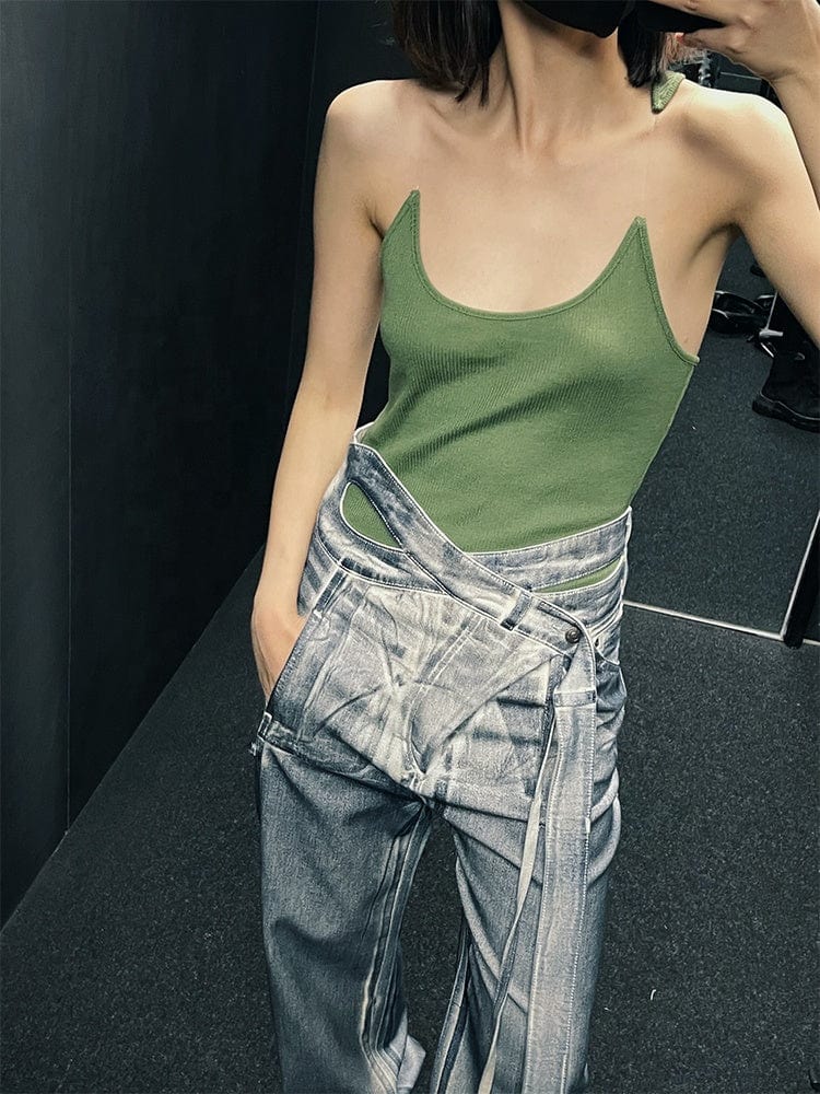 OUDINA Wholesale High Quality Invisible Suspenders Shoulder Strap U-neck Vest Ribbed Top Shirt Women's Tank Tops