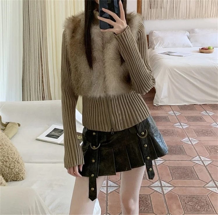 OUDINA Wholesale Hot Girl Winter Stand Collar Zipper Sweaters Fur Top Ladies Cardigan Sweater
