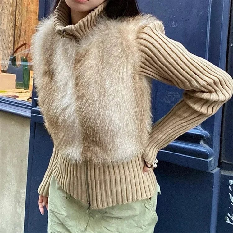 OUDINA Wholesale Hot Girl Winter Stand Collar Zipper Sweaters Fur Top Ladies Cardigan Sweater