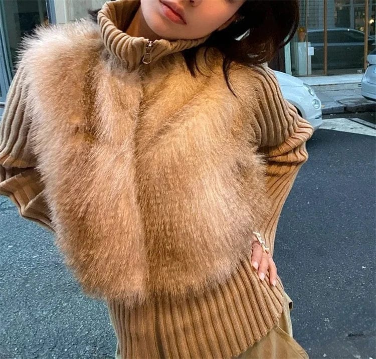 OUDINA Wholesale Hot Girl Winter Stand Collar Zipper Sweaters Fur Top Ladies Cardigan Sweater