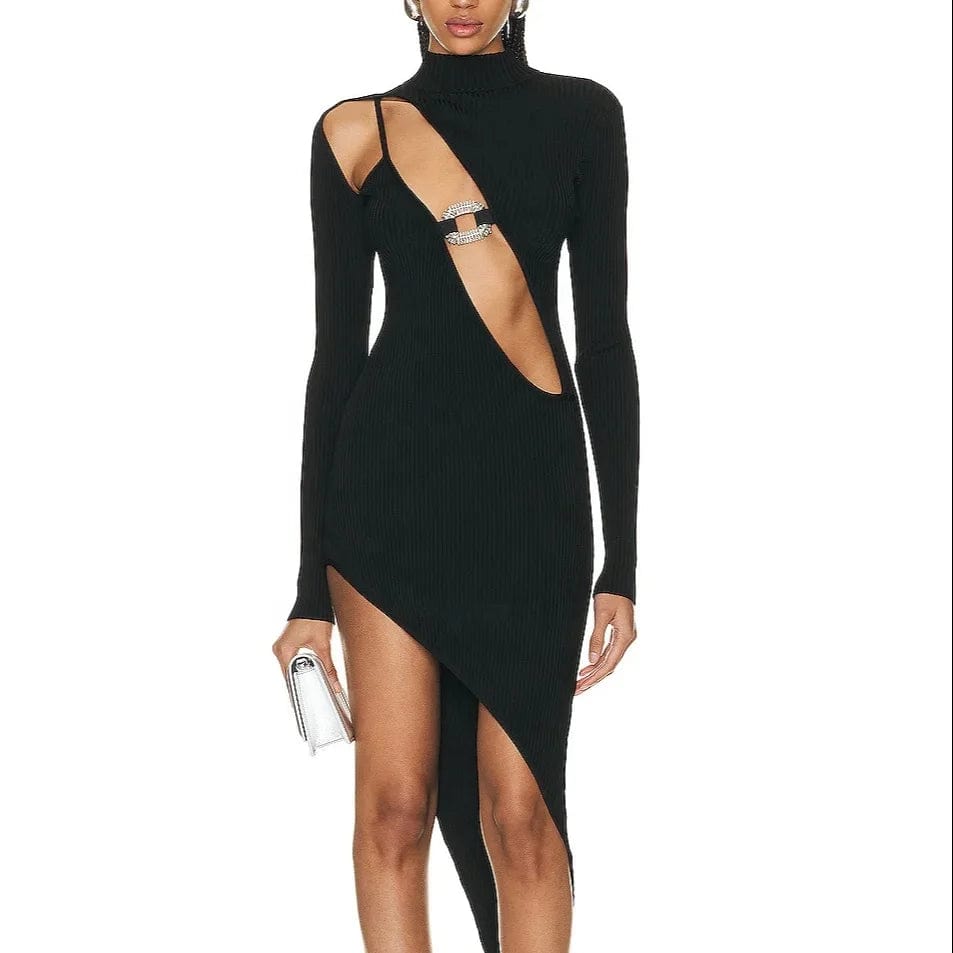 OUDINA Wholesale Modest Diamond Decorated Hollow Asymmetrical Long Sleeve Dress Bodycon Lady Elegant Women's Bandage Dresses