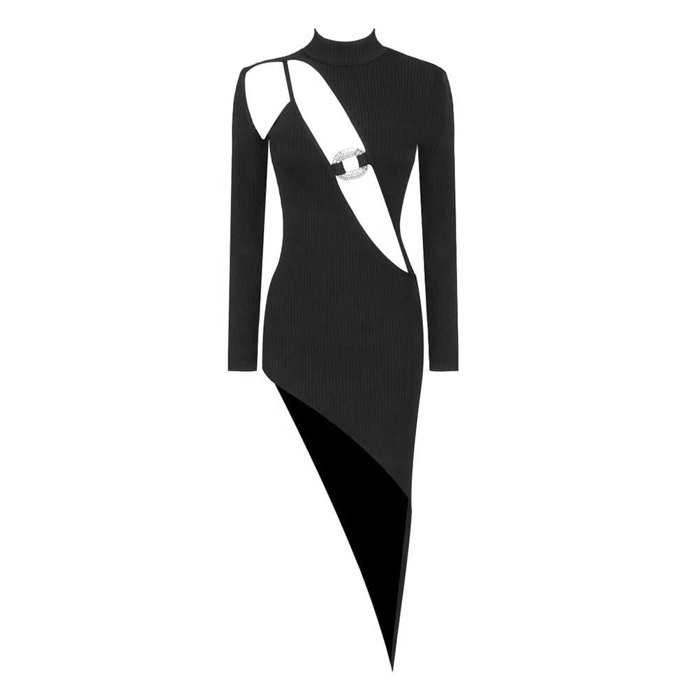 OUDINA Wholesale Modest Diamond Decorated Hollow Asymmetrical Long Sleeve Dress Bodycon Lady Elegant Women's Bandage Dresses