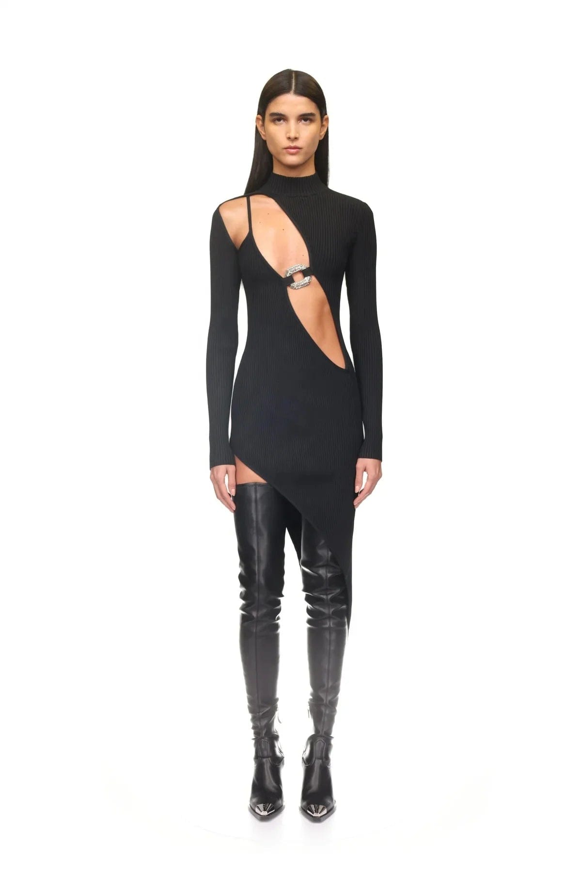 OUDINA Wholesale Modest Diamond Decorated Hollow Asymmetrical Long Sleeve Dress Bodycon Lady Elegant Women's Bandage Dresses