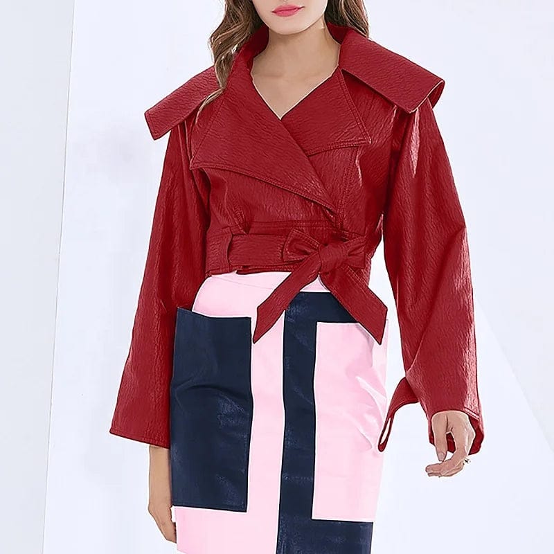OUDINA Wholesale New Fashionable Motorcycle Large Lapel Bow Tie Design Short Women's Leather Jacket