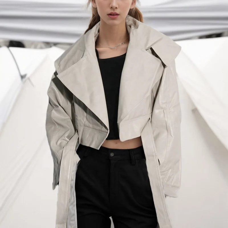 OUDINA Wholesale New Fashionable Motorcycle Large Lapel Bow Tie Design Short Women's Leather Jacket