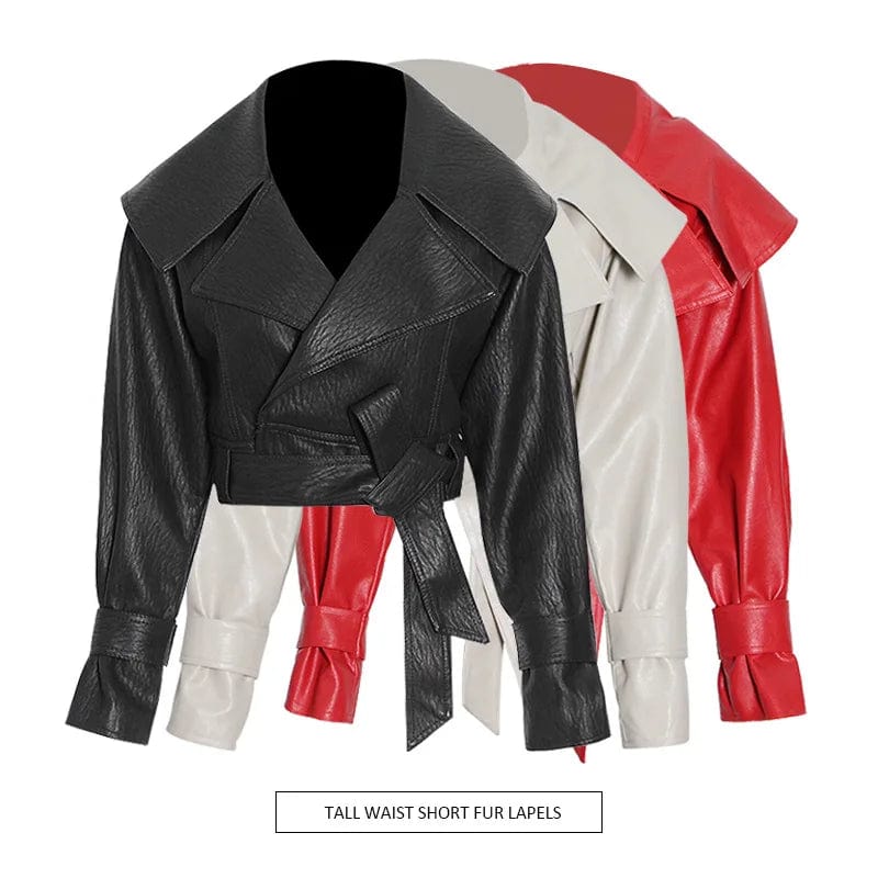 OUDINA Wholesale New Fashionable Motorcycle Large Lapel Bow Tie Design Short Women's Leather Jacket
