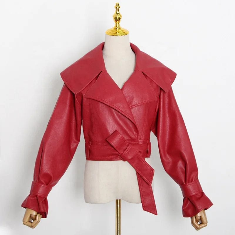OUDINA Wholesale New Fashionable Motorcycle Large Lapel Bow Tie Design Short Women's Leather Jacket