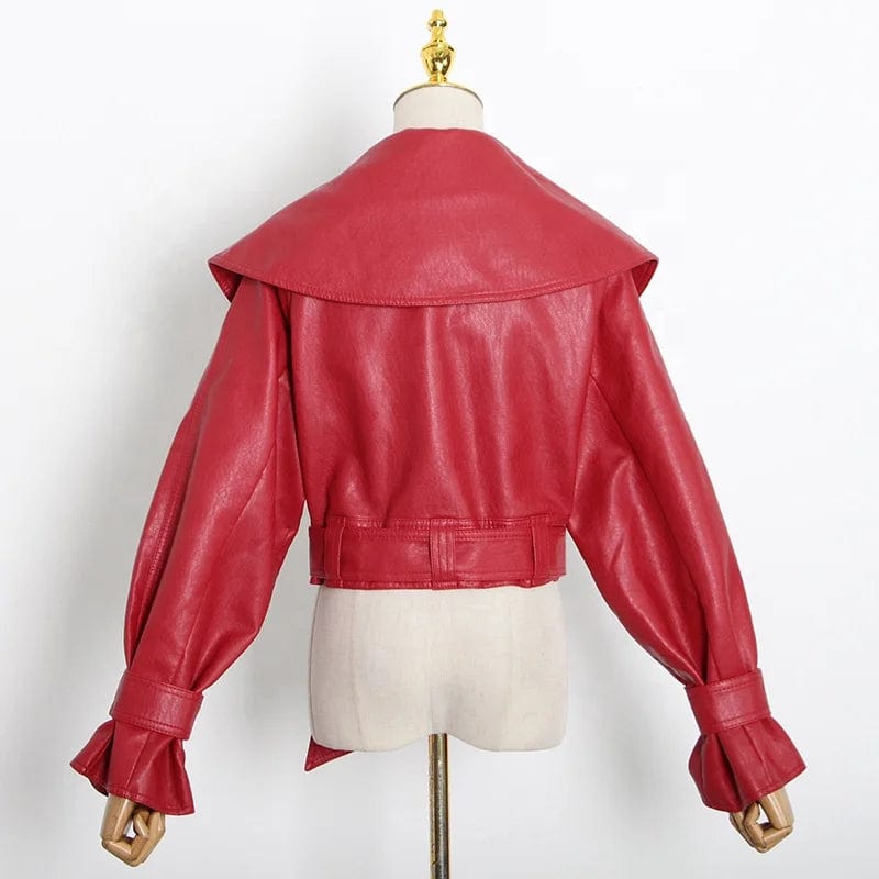 OUDINA Wholesale New Fashionable Motorcycle Large Lapel Bow Tie Design Short Women's Leather Jacket