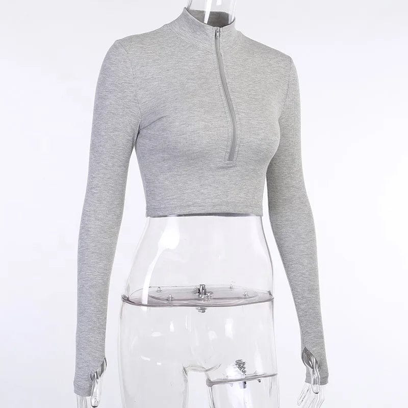 OUDINA Wholesale New Half Zipper Crop Top Slim Solid Color Open Collar Long Sleeve Casual Tops