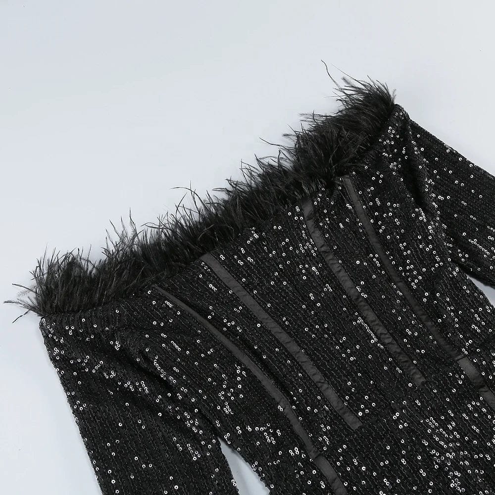 OUDINA Wholesale New Style Feather Sequins Sexy Shinny Long Sleeve Party Dress Evening Elegant Dress For Women