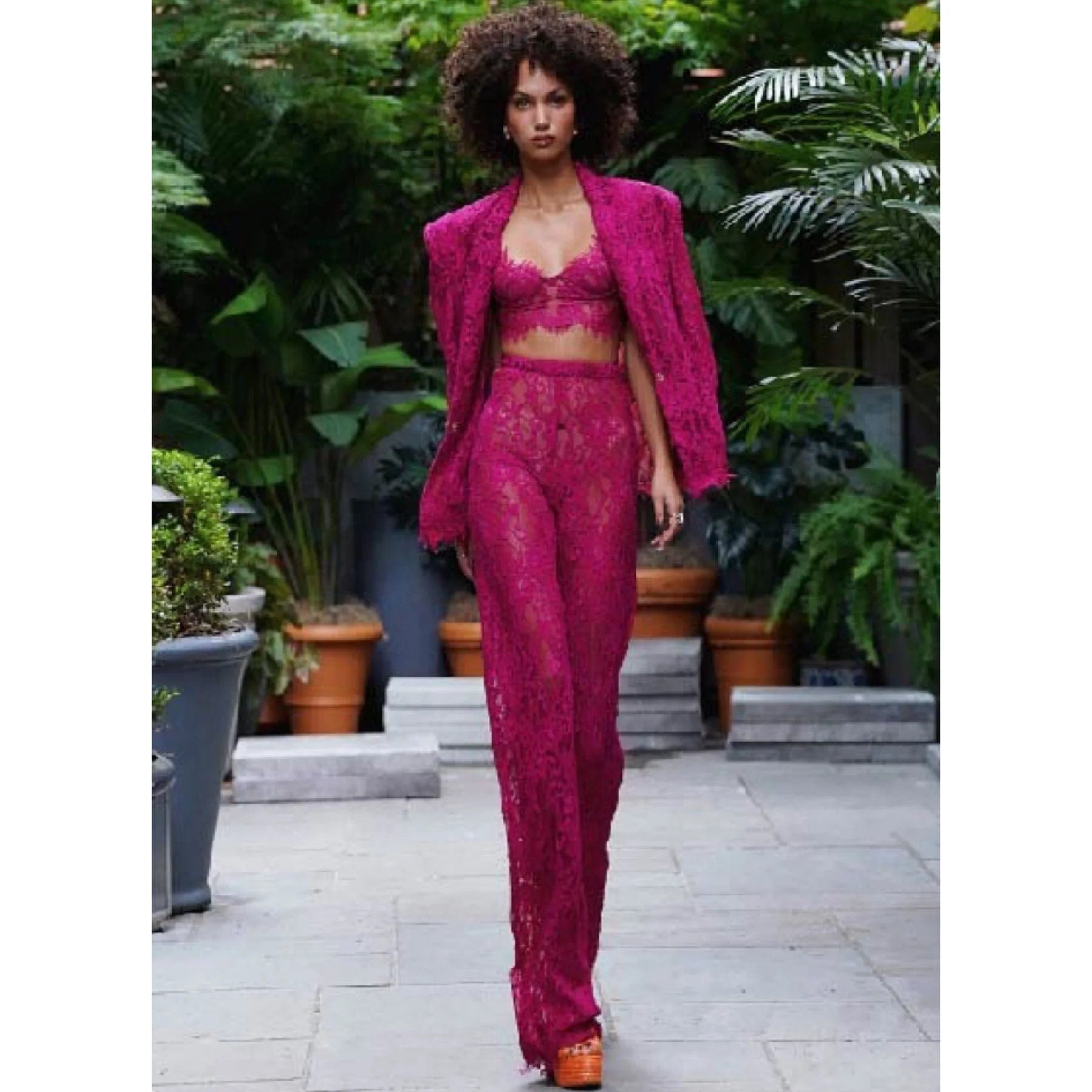 OUDINA Wholesale One Button Blazer Top Bra Trousers Mesh Lace Three Piece Business Suits Suit For Women