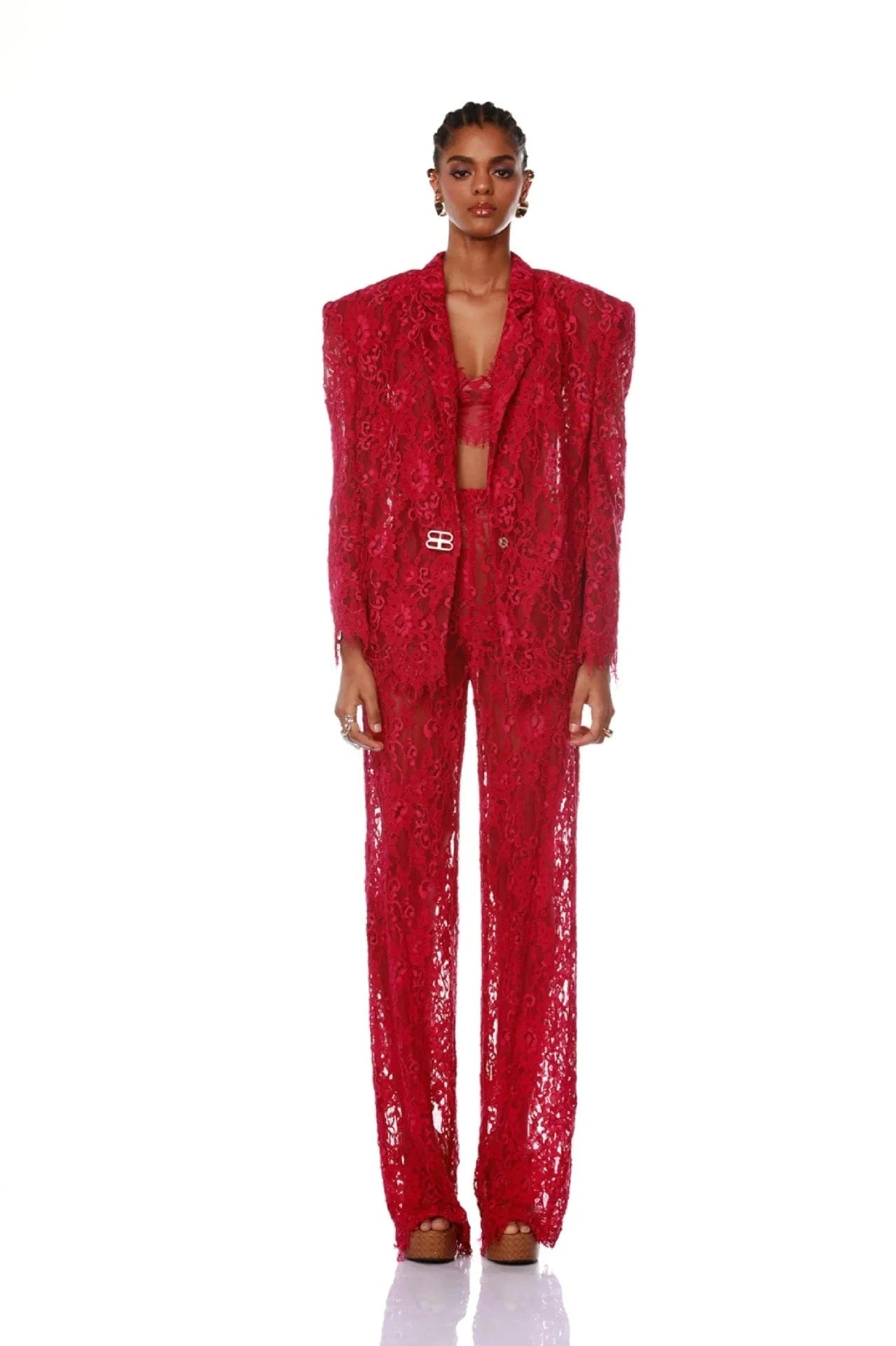 OUDINA Wholesale One Button Blazer Top Bra Trousers Mesh Lace Three Piece Business Suits Suit For Women