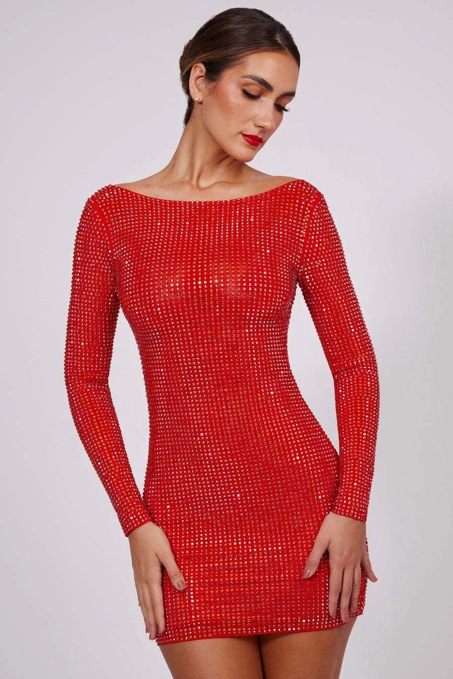 OUDINA Wholesale Round Neck Rhinestones Backless Solid Color Hot Diamond Dresses Sequin Gowns For Women Evening Dress