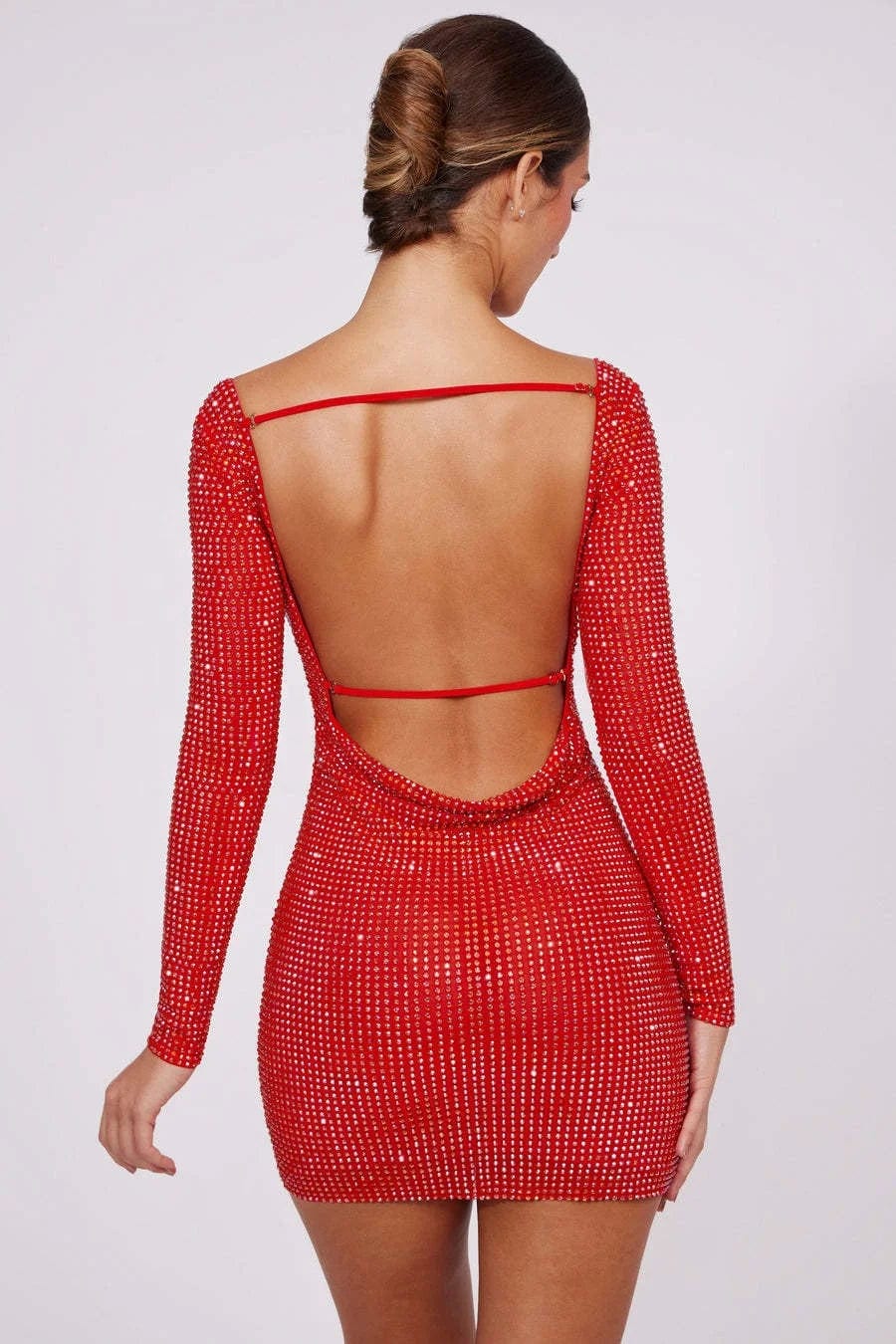 OUDINA Wholesale Round Neck Rhinestones Backless Solid Color Hot Diamond Dresses Sequin Gowns For Women Evening Dress