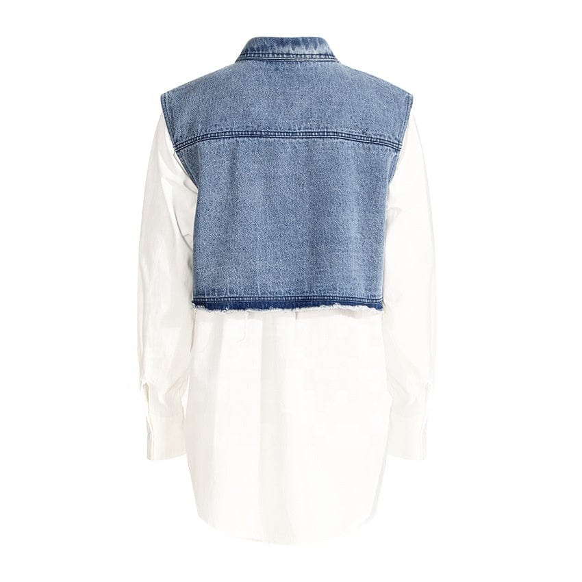 OUDINA Wholesale RTS Casual Patchwork Denim Top Heart-shaped Cotton Hollow Ladies Shirt Tops Women's Blouses & Shirts
