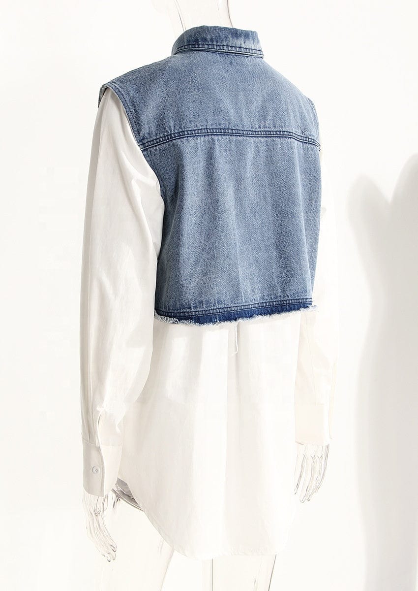 OUDINA Wholesale RTS Casual Patchwork Denim Top Heart-shaped Cotton Hollow Ladies Shirt Tops Women's Blouses & Shirts