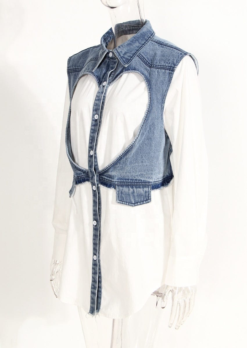 OUDINA Wholesale RTS Casual Patchwork Denim Top Heart-shaped Cotton Hollow Ladies Shirt Tops Women's Blouses & Shirts