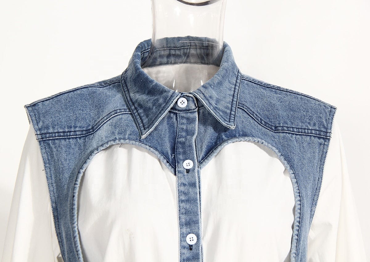 OUDINA Wholesale RTS Casual Patchwork Denim Top Heart-shaped Cotton Hollow Ladies Shirt Tops Women's Blouses & Shirts