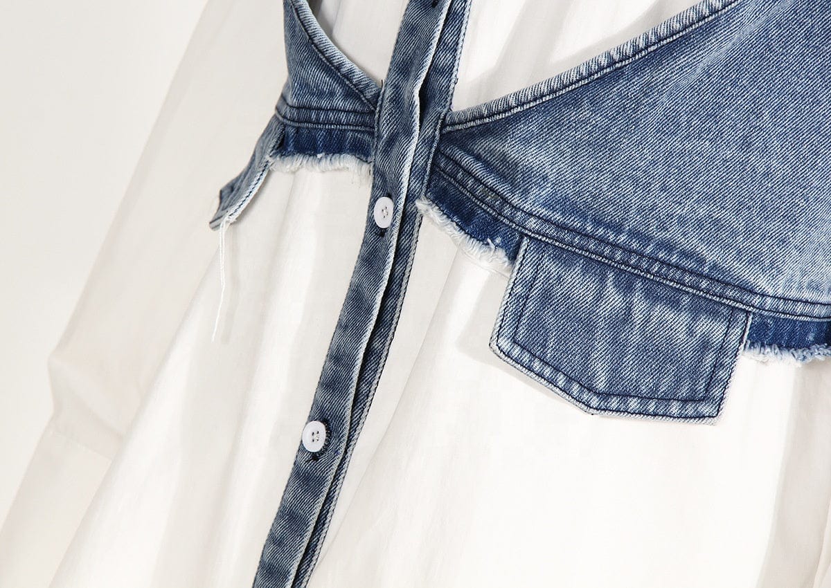 OUDINA Wholesale RTS Casual Patchwork Denim Top Heart-shaped Cotton Hollow Ladies Shirt Tops Women's Blouses & Shirts