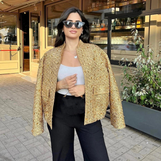 OUDINA Wholesale Spring Original Quality Elasticity Pockets Crystal Sequins Jackets Coat Womens Bomber Jacket