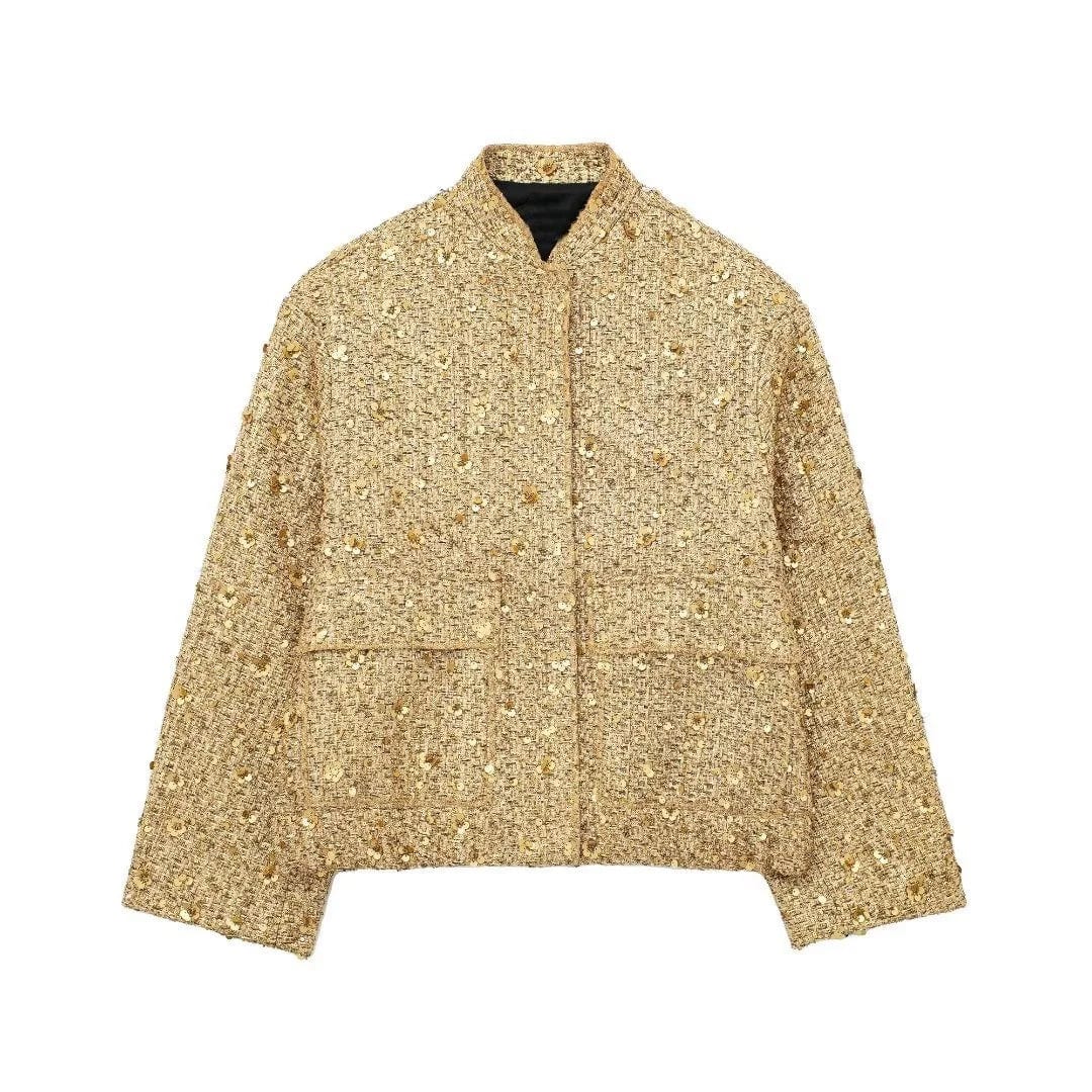 OUDINA Wholesale Spring Original Quality Elasticity Pockets Crystal Sequins Jackets Coat Womens Bomber Jacket