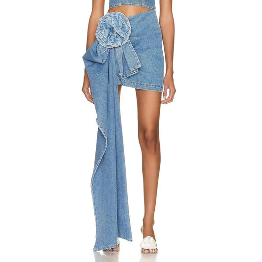 OUDINA Wholesale Unique Style 3D Three-dimensional Rose Flower High Waist Jean Skirt For Women Ladies Mini Denim Skirt