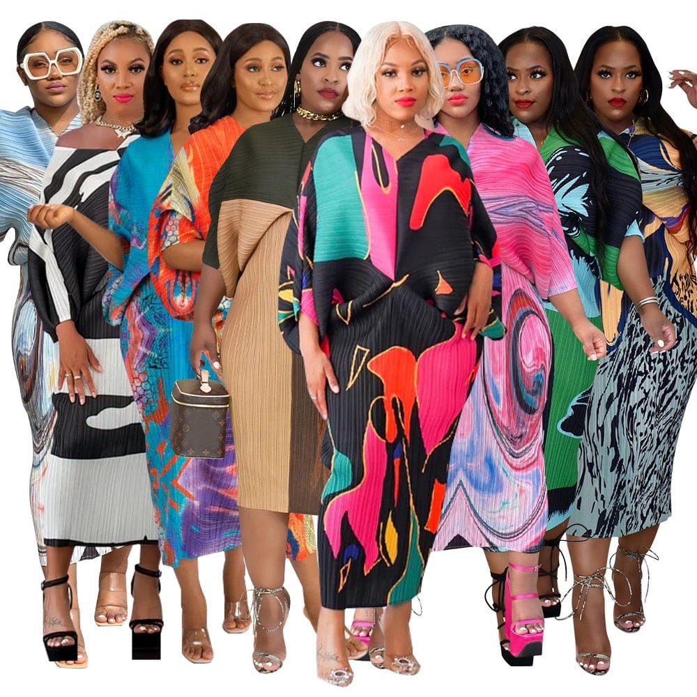 OUDINA Wholesale USA Womens Autumn Miyake Print Plus Size Casual Pleated Dresses For Women
