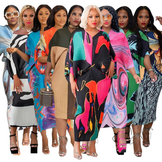 OUDINA Wholesale USA Womens Autumn Miyake Print Plus Size Casual Pleated Dresses For Women