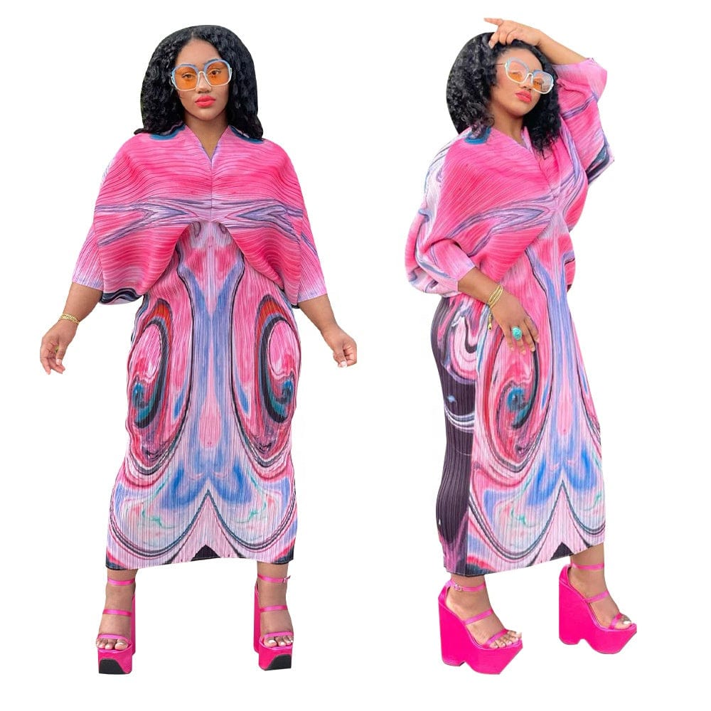 OUDINA Wholesale USA Womens Autumn Miyake Print Plus Size Casual Pleated Dresses For Women