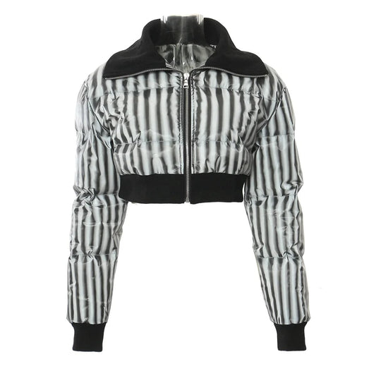 OUDINA Wholesale Women's Clothes Winter Bubble Cotton Short Cropped Coats Stripes Womens Bomber Jacket