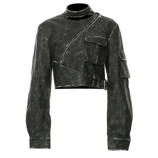 OUDINA Winter Fashion Latest Design Irregularly Locomotive Cool Motorcycle PU Women Leather Jacket