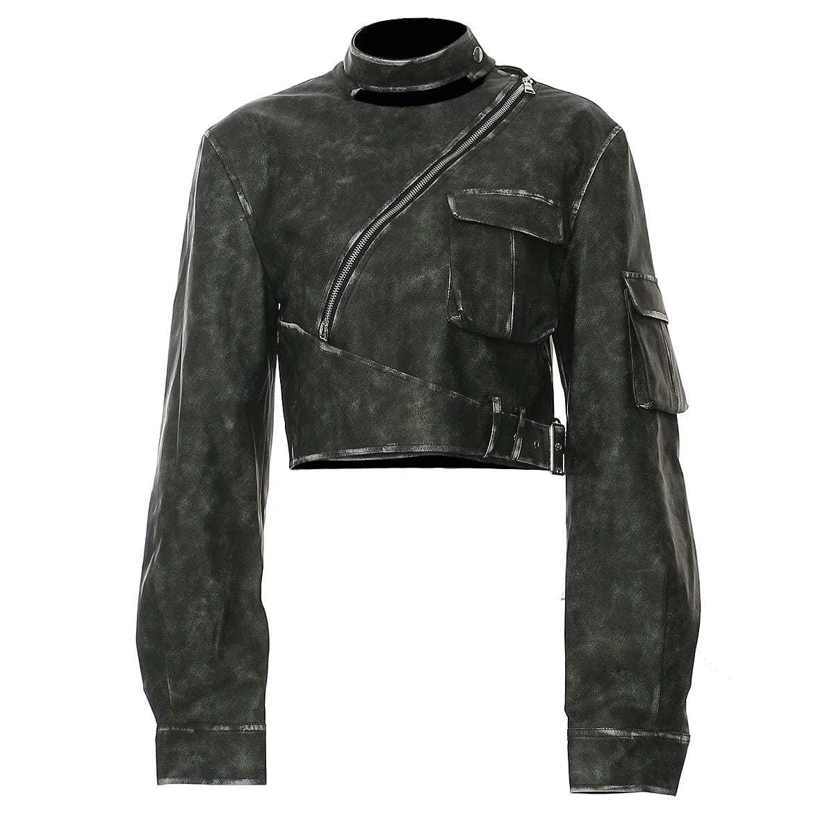 OUDINA Winter Fashion Latest Design Irregularly Locomotive Cool Motorcycle PU Women Leather Jacket