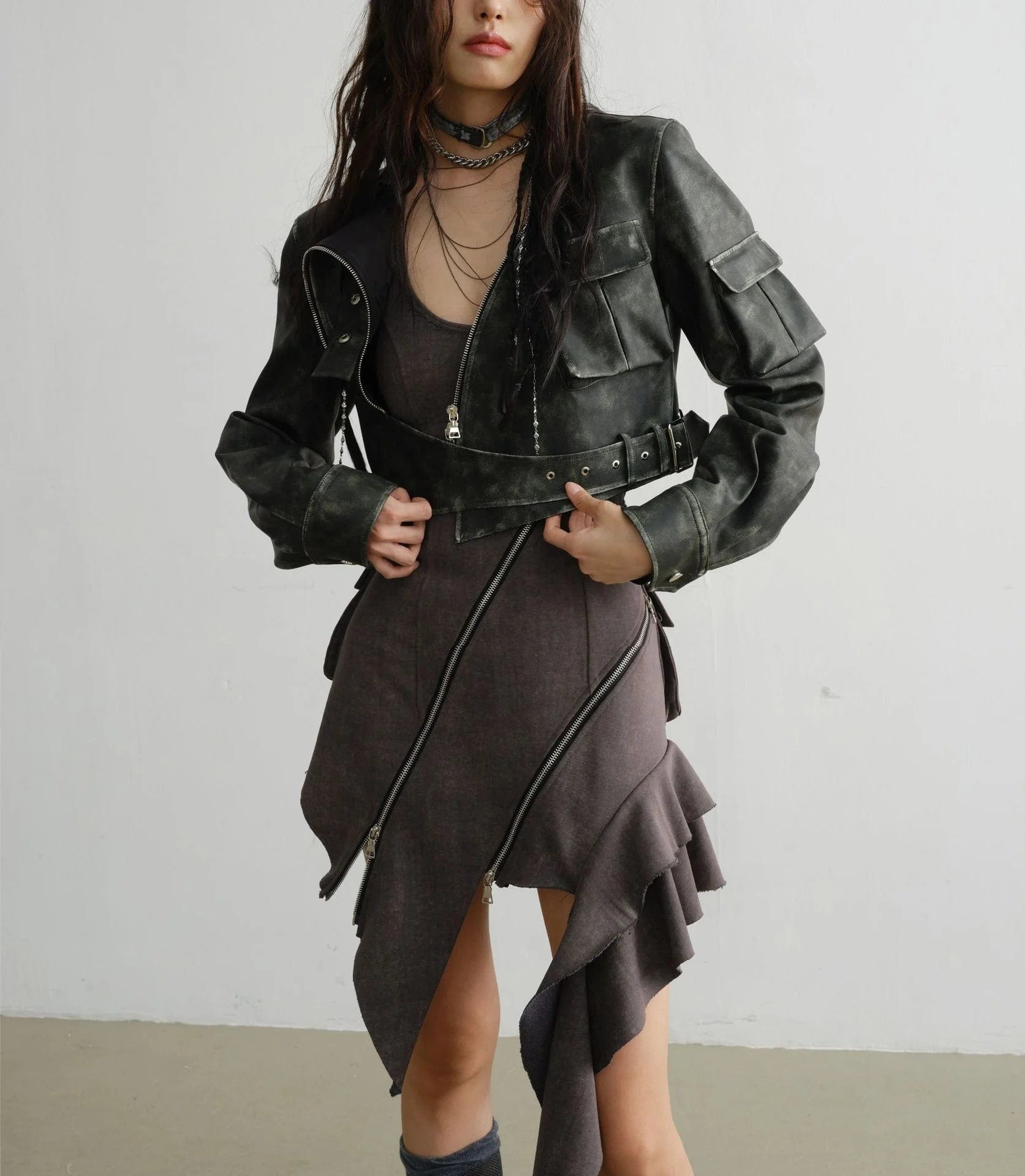 OUDINA Winter Fashion Latest Design Irregularly Locomotive Cool Motorcycle PU Women Leather Jacket