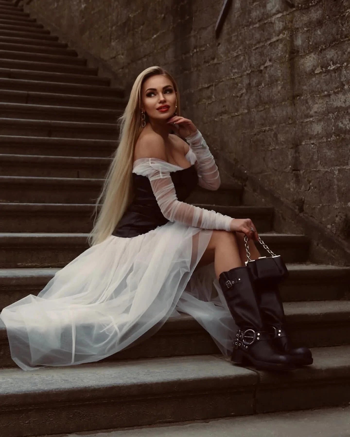 OUDINA Winter Tube Top Mesh Patchwork Leather PU Long Sleeve Puff Lady Elegant Formal Women Maxi Dresses