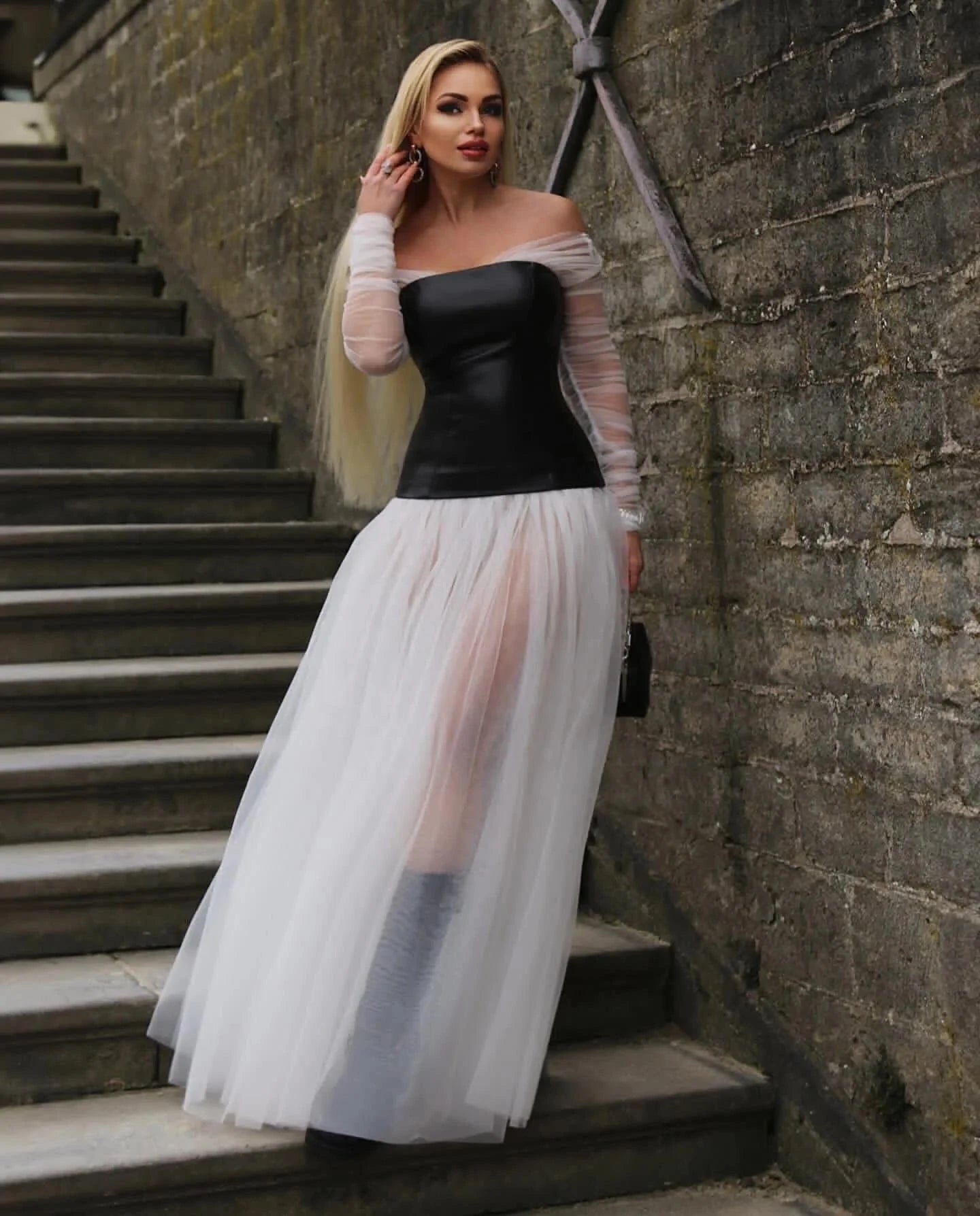 OUDINA Winter Tube Top Mesh Patchwork Leather PU Long Sleeve Puff Lady Elegant Formal Women Maxi Dresses