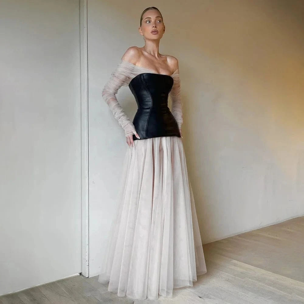 OUDINA Winter Tube Top Mesh Patchwork Leather PU Long Sleeve Puff Lady Elegant Formal Women Maxi Dresses