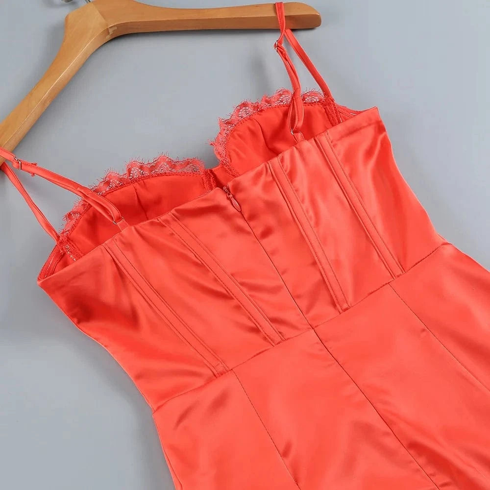 OUDINA Woman Stylish Elegant High Slit Tube Top Pleated Lace Sexy Evening Dress For Women