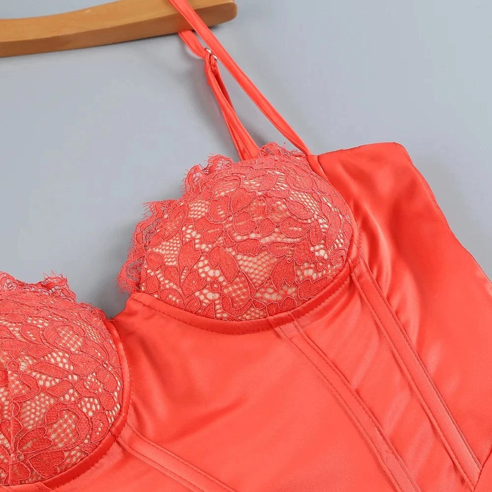 OUDINA Woman Stylish Elegant High Slit Tube Top Pleated Lace Sexy Evening Dress For Women