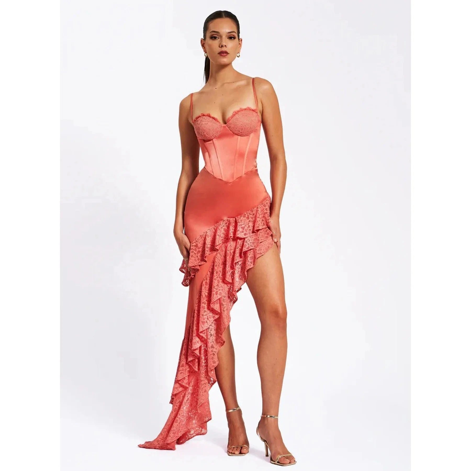 OUDINA Woman Stylish Elegant High Slit Tube Top Pleated Lace Sexy Evening Dress For Women