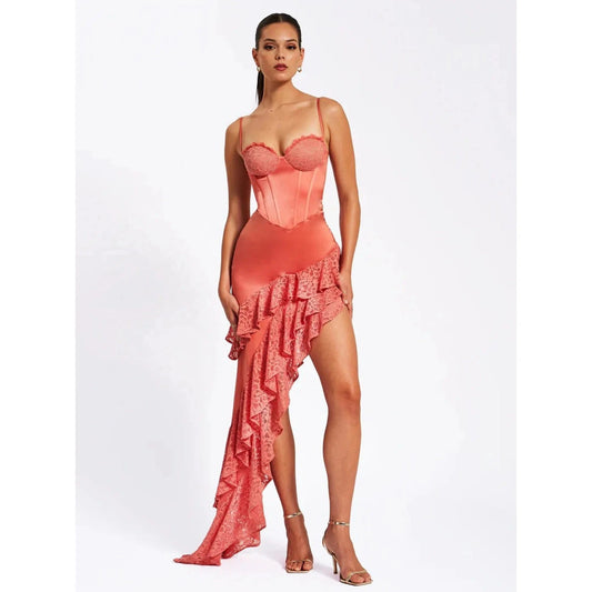 OUDINA Woman Stylish Elegant High Slit Tube Top Pleated Lace Sexy Evening Dress For Women