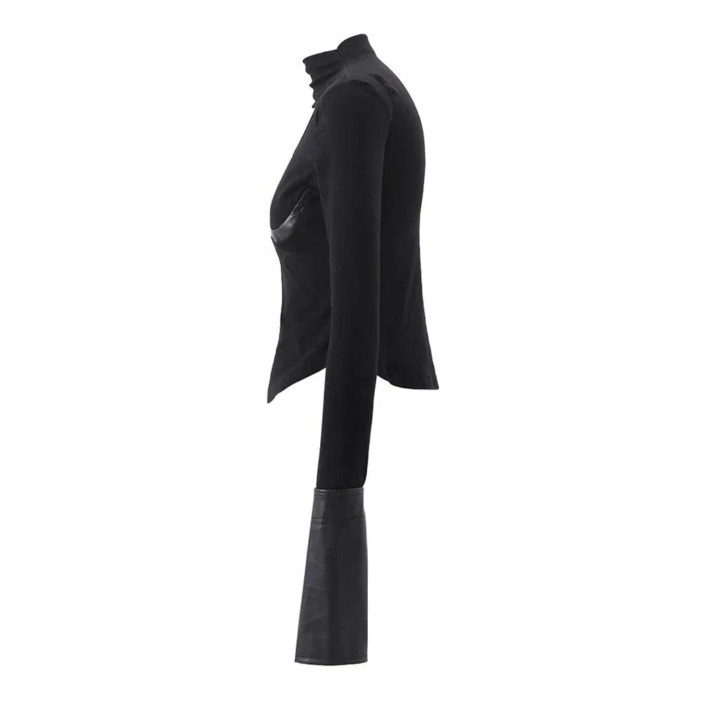 OUDINA Women's Clothing New Tops Sexy Slim Fit Bottoming Shirt Hollow Stitching PU Cuff Design Knitted Top