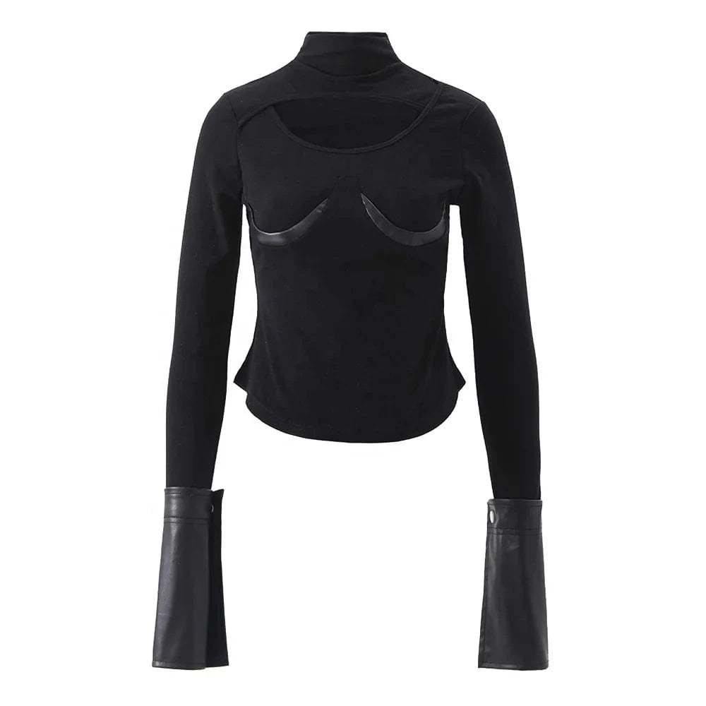 OUDINA Women's Clothing New Tops Sexy Slim Fit Bottoming Shirt Hollow Stitching PU Cuff Design Knitted Top