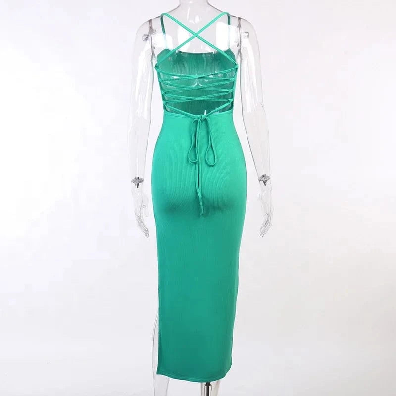 OUDINA Women's Dresses Summer New Sexy Suspender Long Backless Bodycon Dress Women