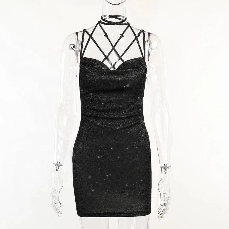 OUDINA Women's Fashion Party Glitter Dress Backless Strappy European And American Commuter Short Club Dresses