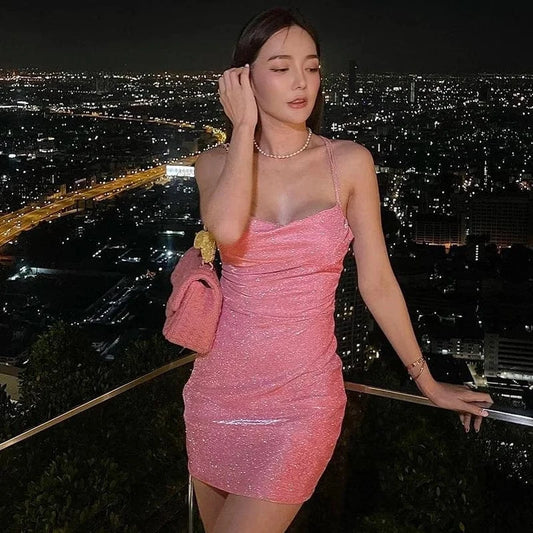 OUDINA Women's Fashion Party Glitter Dress Backless Strappy European And American Commuter Short Club Dresses