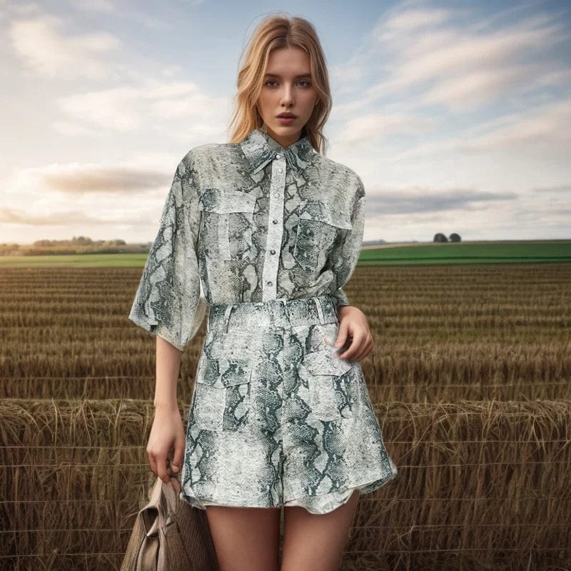 OUDINANew Casual Lapel Single Button Mid-sleeve Printed Top Shirt Pocket Splicing Two Piece Shorts Sets For Women